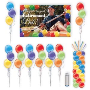 Personalized vinyl banner with 25 count helium tank with balloons, and balloon column, in your choice of colors.