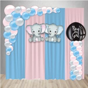 Themed Gender Reveal Decorations with curtain backdrop, balloon column, balloon pop filled with confetti and little balloons, custom mounted cutout, and organic balloon arch. Gender Decor Package 1