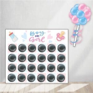 Gender Reveal Dart Game. Twenty-four black balloons filled with either blue or pink confetti. Pop to see what color has more. The majority reveals gender! It comes with a cute pop stick!