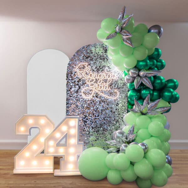 Graduation chiara wall and organic balloon arch marquee numbers neon grad sign