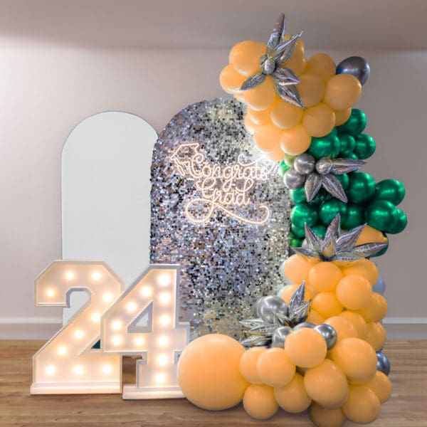 Graduation chiara wall and organic balloon arch marquee numbers neon grad sign