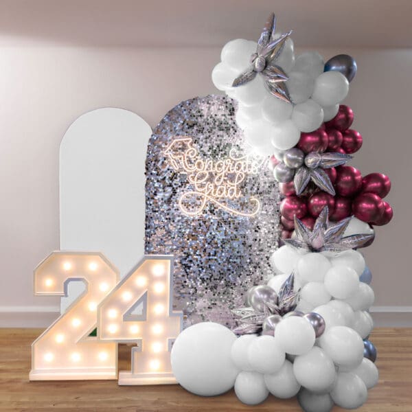 Graduation chiara wall and organic balloon arch marquee numbers neon grad sign