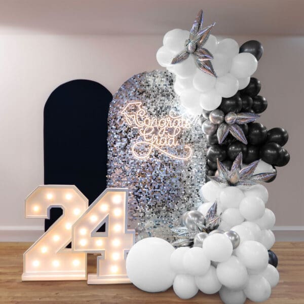 Graduation chiara wall and organic balloon arch marquee numbers neon grad sign