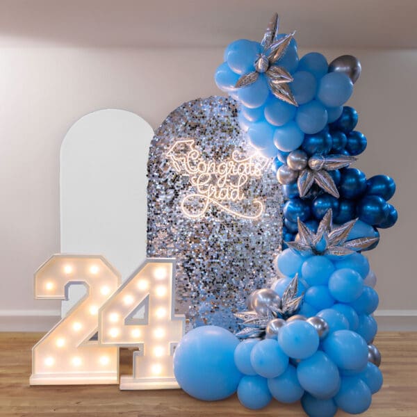 Graduation chiara wall and organic balloon arch marquee numbers neon grad sign