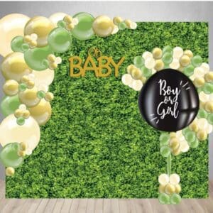 Gender Reveal Decor Package 7: Printed vinyl backdrop, organic balloon arch, balloon pop filled with confetti & balloons, and light-up baby blocks.