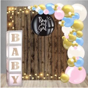 Gender Reveal Decor Package 7: Printed vinyl backdrop, organic balloon arch, balloon pop filled with confetti & balloons, and light-up baby blocks.