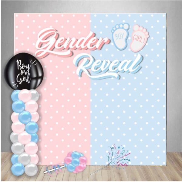 Gender Reveal Decor Package 2 includes a printed vinyl backdrop, balloon pop filled with confetti and little balloons, pop stick, and confetti cannon.