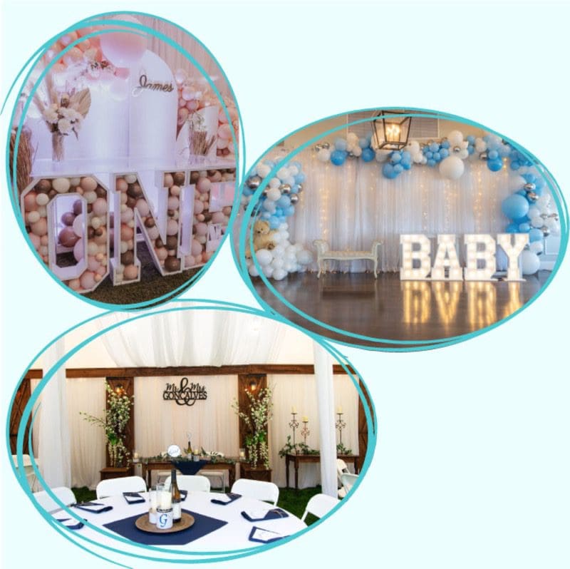 Gender Reveal Decorations, arches, backdrops, balloons, confetti cannons.