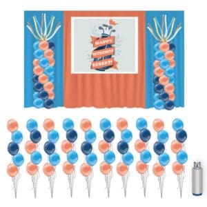 Curtain backdrop, personalized vinyl banner, two balloon columns, and a 50 tank with balloons.