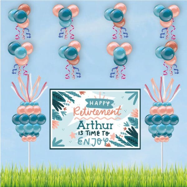 This retirement package includes a personalized vinyl banner with balloon columns and clusters.