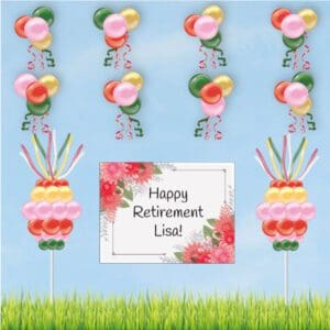 This retirement package includes a personalized vinyl banner with balloon columns and clusters.