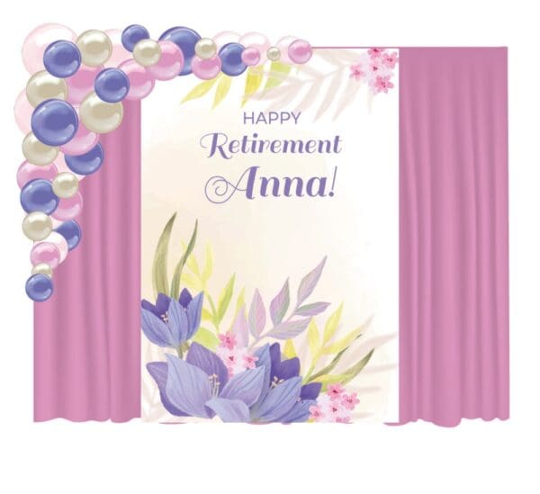 This retirement decor package includes a personalized vinyl banner, curtain backdrop, and an organic balloon arch.