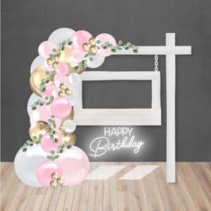Wooden-photo-frame-neon-sign-happy-birthday-with-organic-balloon-arch