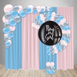 Gender Reveal Decor Package 5 includes curtain backdrop, question mark balloon sculpture with confetti-filled balloon pop, and organic balloons.