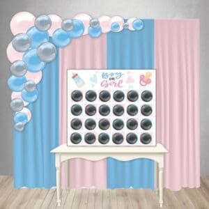 Gender Reveal Decor Package 6: A curtain backdrop, personalized dartboard game filled with gender revealing balloons, & organic balloons.