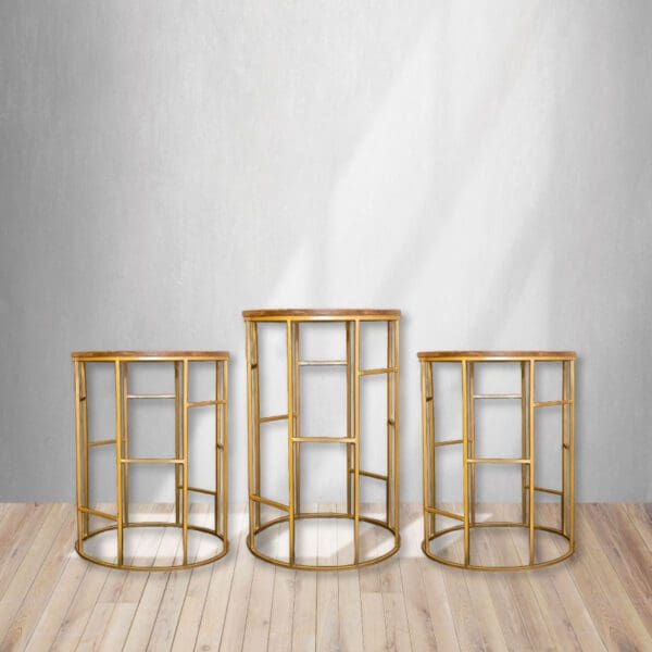Gold Tables with Wooden Top (Set of 3)