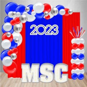 Our Graduation Decor Package 4 includes a curtain backdrop, 2023 wooden sign rental, and two balloon columns in your choice of colors.