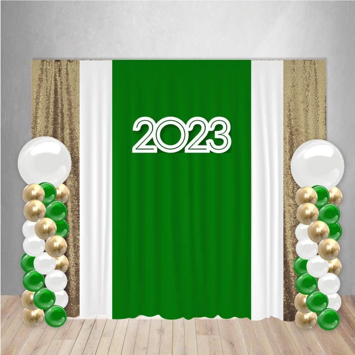 Our Graduation Decor Package 4 includes a curtain backdrop, 2023 wooden sign rental, and two balloon columns in your choice of colors.
