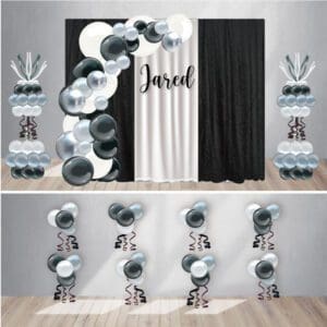 GRADUATION decor with curtain backdrop, custom name, organic balloon arch, balloon columns, and 8 balloon clusters