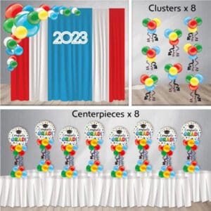 Our Graduation Decor Package 12 includes a curtain backdrop, a 2023 wooden sign, an organic balloon arch, 8 balloon clusters, & 8 topiary centerpieces