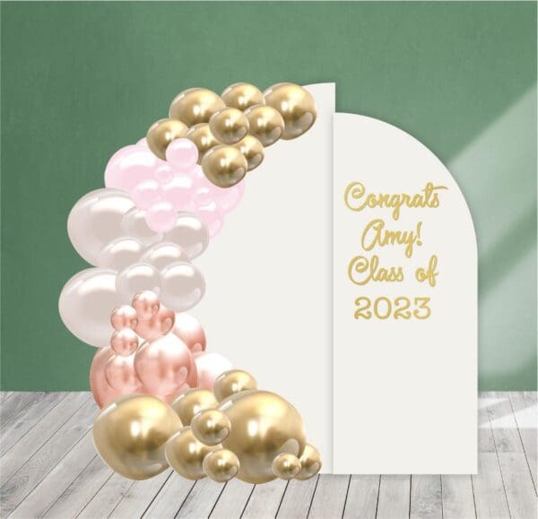 Graduation Decor Package 9 Chiara Backdrop or paneled wall with your personalized message and, organic balloons in your choice of colors.