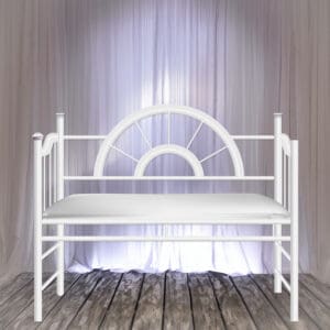 White guest of honor bench with metal back